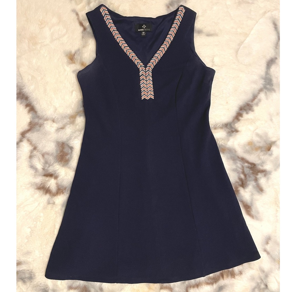 Ronni Nicole Navy Blue Beaded V Neck Sheath Dress Petite 8P A-Line Stretch Comfy